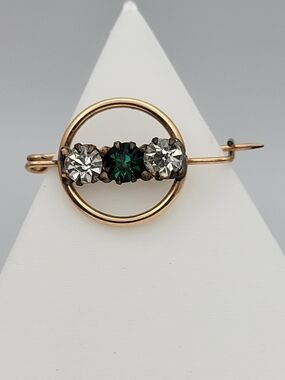 Antique Edwardian Rose Gold Tone Circle Bar Brooch Green Emerald Clear Stones